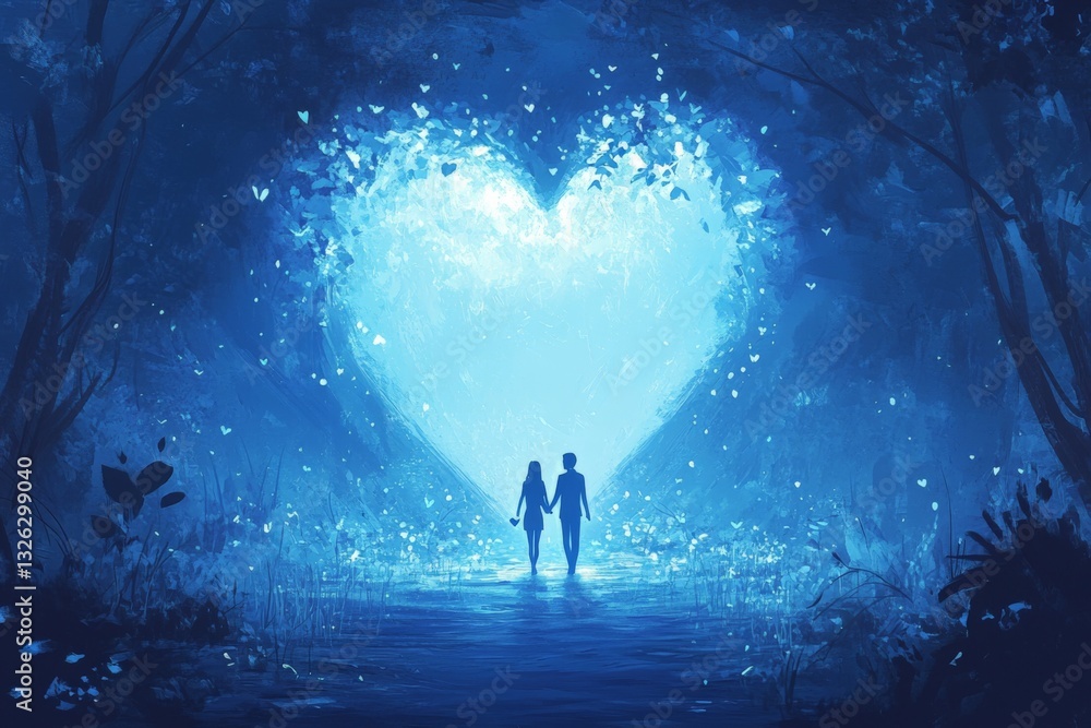 Obraz premium Couple walking hand in hand through a magical forest illuminated by blue heart-shaped light at twilight