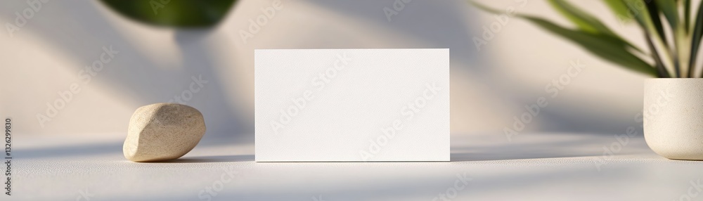 A blank business card lies flat on a white surface, softly illuminated by natural light. Subtle shadows add depth, creating a clean and professional aesthetic ideal for branding opportunities A blank business card lies flat on a white surface, softly illuminated by natural light. Subtle shadows add depth, creating a clean and professional aesthetic ideal for branding opportunities