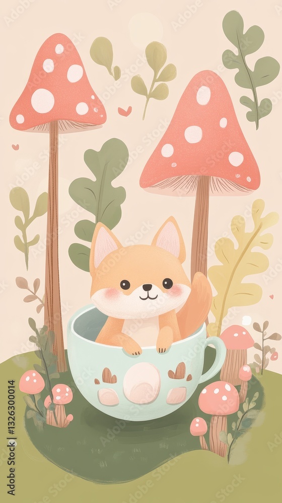 Naklejka premium A cute fox sitting comfortably inside a teacup in the forest