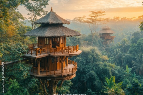 Wallpaper Mural Nestled in lush greenery, treehouses offer a unique getaway amid vibrant foliage at sunrise in Bali Torontodigital.ca