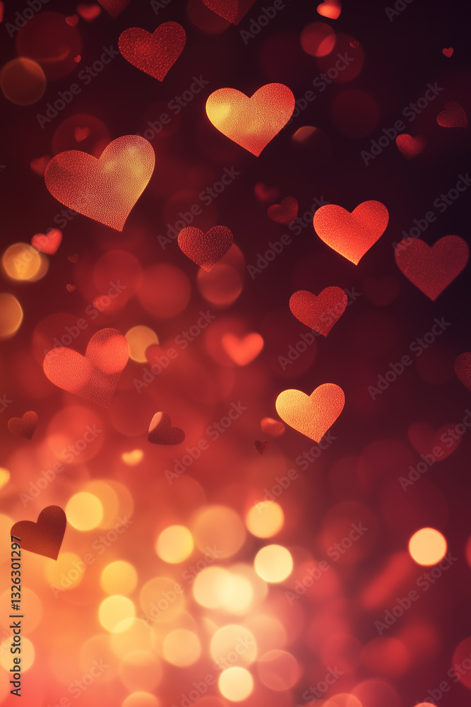 Glowing Golden Hearts on a Deep Red Romantic Background Glowing Golden Hearts on a Deep Red Romantic Background