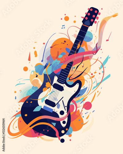 Electric guitar with abstract sound waves and vibrant colors, music festival theme poster
