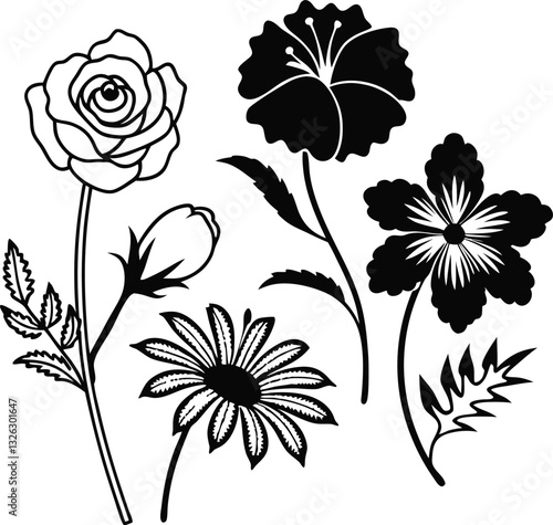 Wallpaper Mural Botanical Line Art, Flowers and Leaves Vector Set Torontodigital.ca