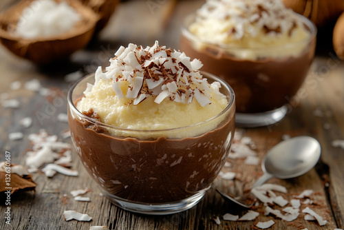 Coconut pudding with cocoa and coconut shavings photo