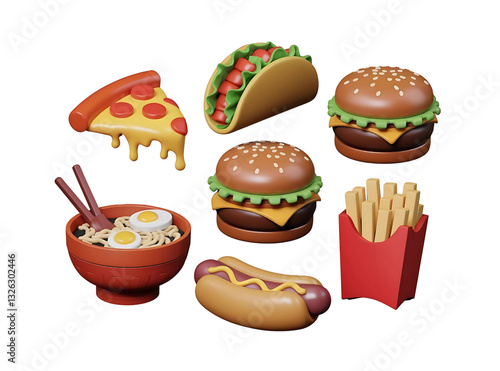 Delicious 3D Fast Food Set Including Cheeseburgers, Pepperoni Pizza, and Crispy Fries