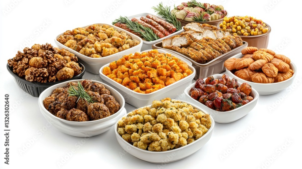 An array of different foods perfectly displayed on a white background for thanksgiving side dishes and festive occasions An array of different foods perfectly displayed on a white background for thanksgiving side dishes and festive occasions