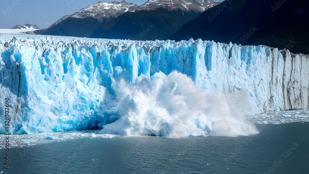 Φωτογραφία A massive glacier calving, with ice breaking off and splashing into a body of water amid a mountainous landscape