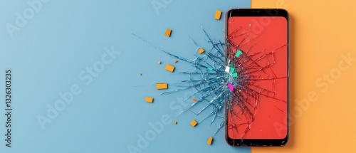 Cyber Attack with Malware Leading to Data Breach, shattered smartphone screen leaking colorful data