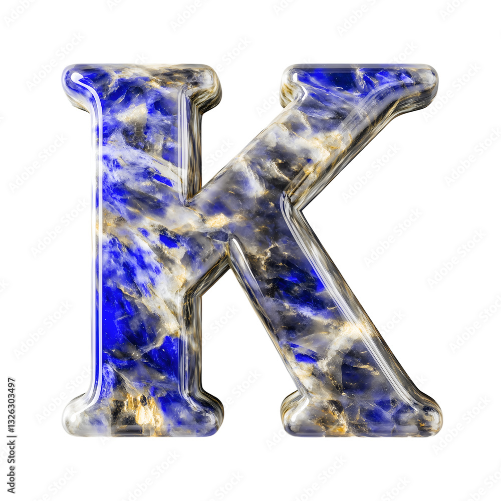 Fototapeta premium Lapis lazuli stone ABC font with golden-veined 3D letter k, showcasing elegance and beauty in crystal art