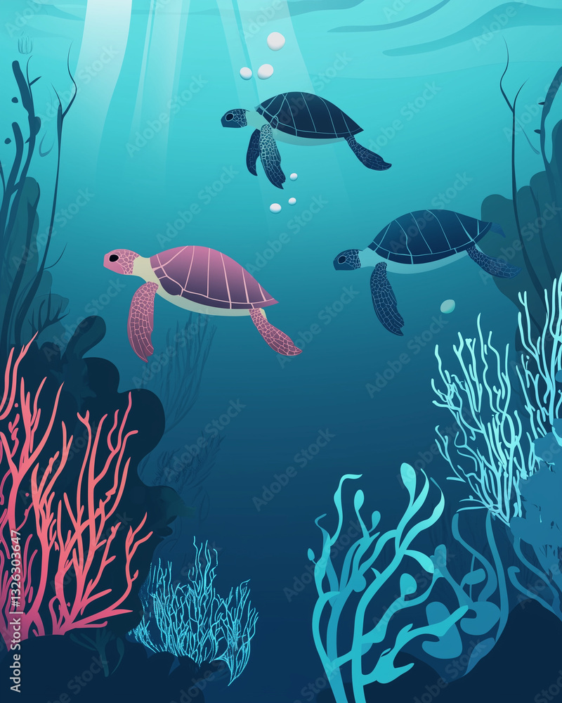 Naklejka premium Majestic sea turtles swimming among coral reefs in an underwater world, deep blue and teal tones poster