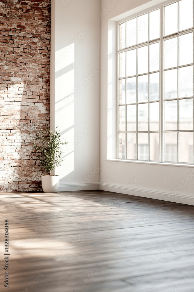 Fototapeta premium Bright and airy space featuring a rustic red brick accent wall and dark hardwood flooring