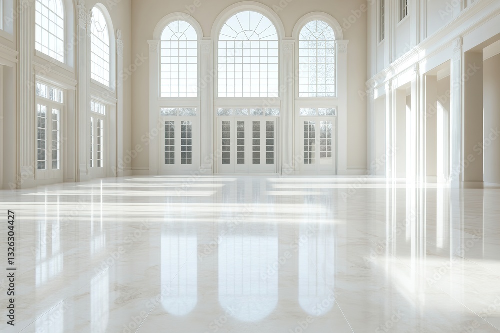 This elegant room features high ceilings and tall French windows, creating a bright atmosphere. The marble floor reflects soft shadows, enhancing the sophisticated ambiance This elegant room features high ceilings and tall French windows, creating a bright atmosphere. The marble floor reflects soft shadows, enhancing the sophisticated ambiance