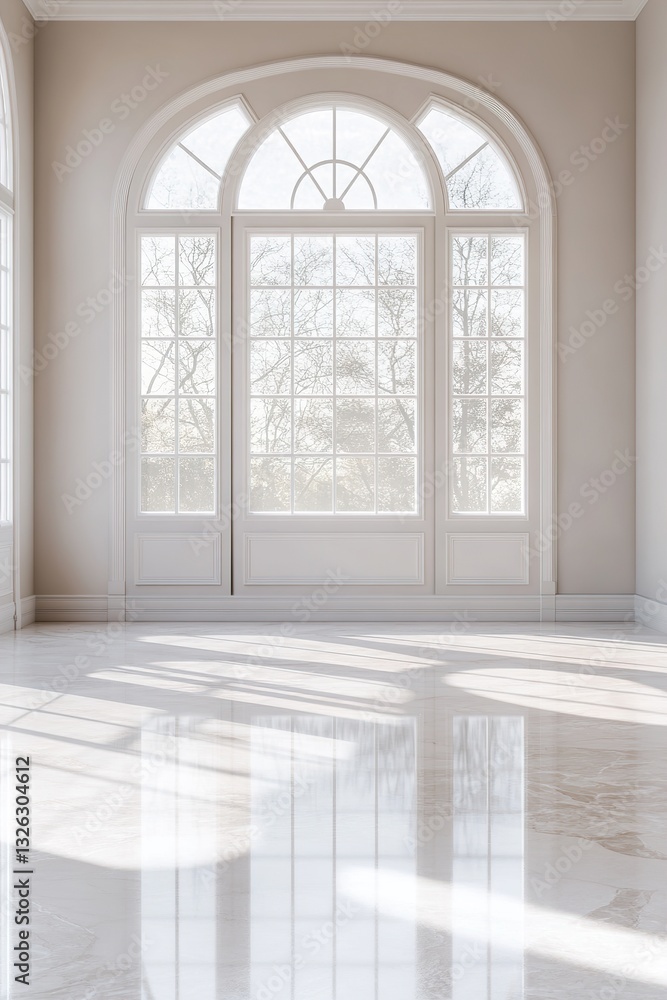 This high-ceiling room features neutral-toned walls and tall French windows allowing soft natural light to fill the space. The marble floor reflects elegance and sophistication This high-ceiling room features neutral-toned walls and tall French windows allowing soft natural light to fill the space. The marble floor reflects elegance and sophistication