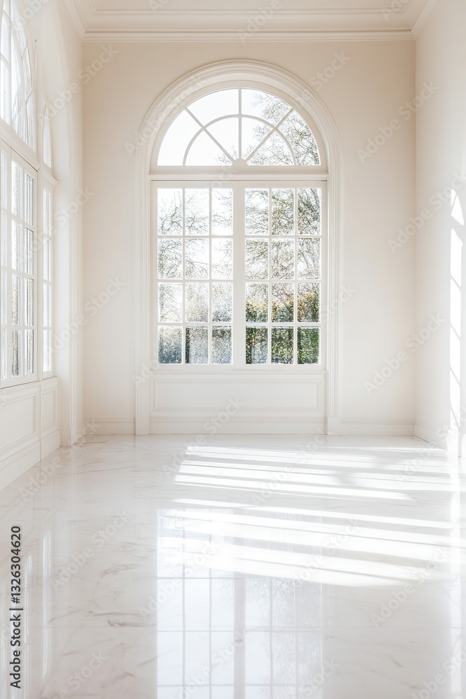 Fototapeta premium This high-ceiling room showcases neutral-toned walls and tall French windows, allowing beautiful natural light to illuminate the luxurious marble floor and create an inviting atmosphere