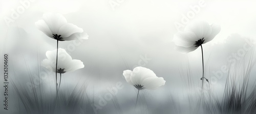 Elegant White Wildflowers and Swaying Grass on a Soft, Pale Gray Watercolor Background