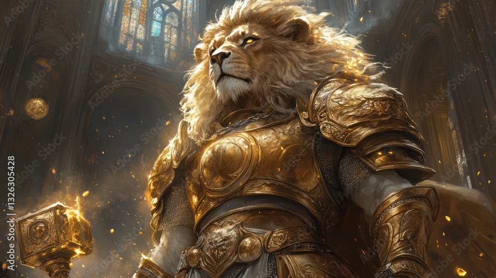 A lion-headed paladin in golden armor, holding a celestial hammer, radiating divine energy A lion-headed paladin in golden armor, holding a celestial hammer, radiating divine energy
