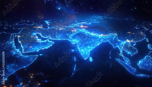 Fototapeta Naklejka Na Ścianę i Meble -  Glowing city lights map of Eurasia showing urban development and population centers in a vibrant nighttime visualization
