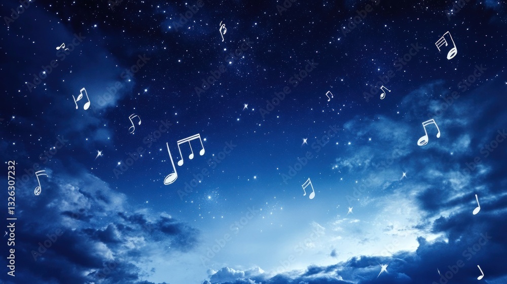 Night sky with white pixelated music notes and stars against a dark blue cloudy background Night sky with white pixelated music notes and stars against a dark blue cloudy background