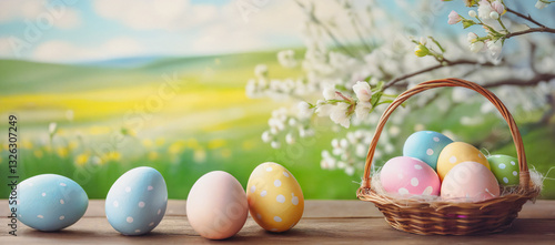 colorful easter eggs on wooden table with landscape background