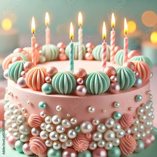 Elegant Birthday Cake with Candles and Pearlescent Decorations. A stunningly decorated birthday cake with soft pastel hues of pink, blue, and lavender. The cake is adorned with shimmering edible pearl