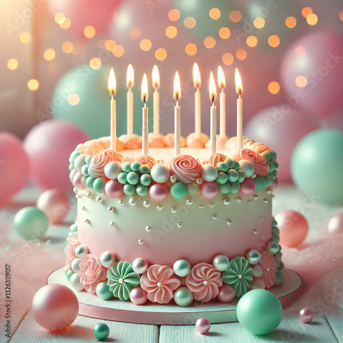 Elegant Birthday Cake with Candles and Pearlescent Decorations. A stunningly decorated birthday cake with soft pastel hues of pink, blue, and lavender. The cake is adorned with shimmering edible pearl