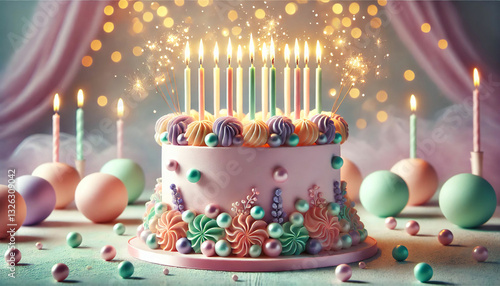 Elegant Birthday Cake with Candles and Pearlescent Decorations. A stunningly decorated birthday cake with soft pastel hues of pink, blue, and lavender. The cake is adorned with shimmering edible pearl