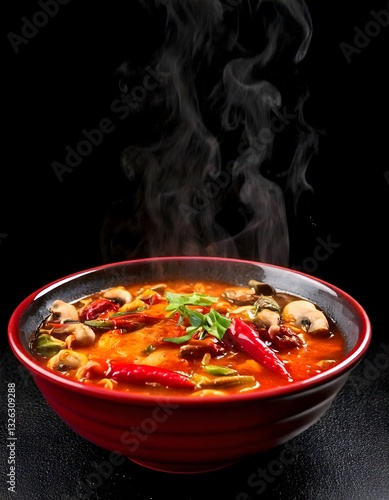A bold and spicy Szechuan hot pot, filled with chili oil, peppers, and exotic mushrooms, on a black background.
