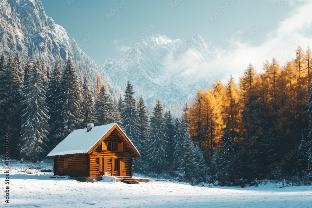 Winter retreat in a secluded cabin surrounded by snow-covered mountains and golden larch trees in a serene landscape Winter retreat in a secluded cabin surrounded by snow-covered mountains and golden larch trees in a serene landscape