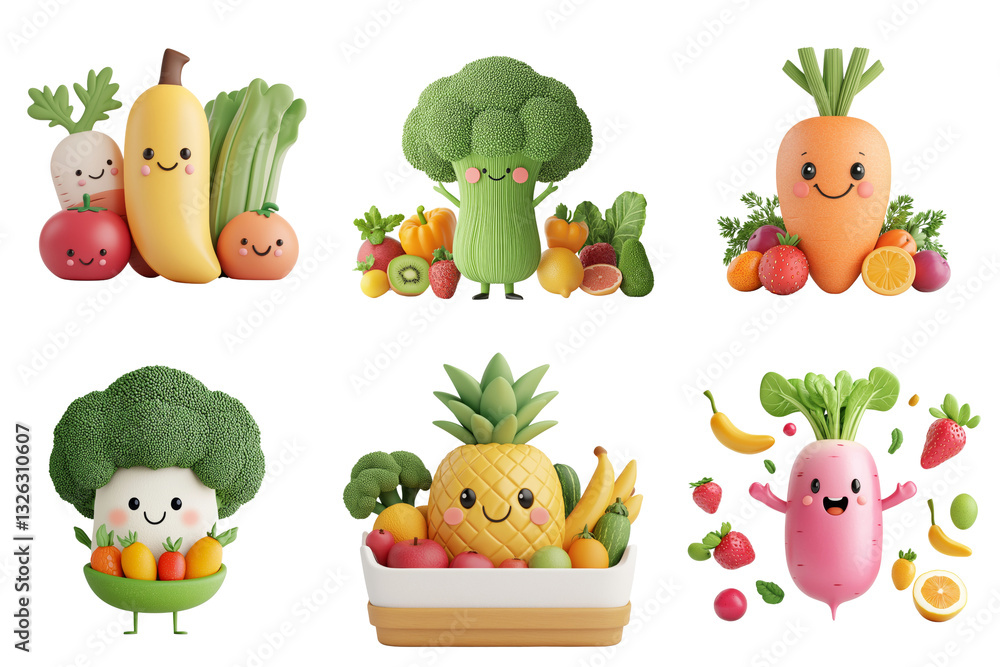 Cute and colorful cartoon fruits and vegetables with smiling faces, including broccoli, carrots, and bananas, creating joyful scene Cute and colorful cartoon fruits and vegetables with smiling faces, including broccoli, carrots, and bananas, creating joyful scene