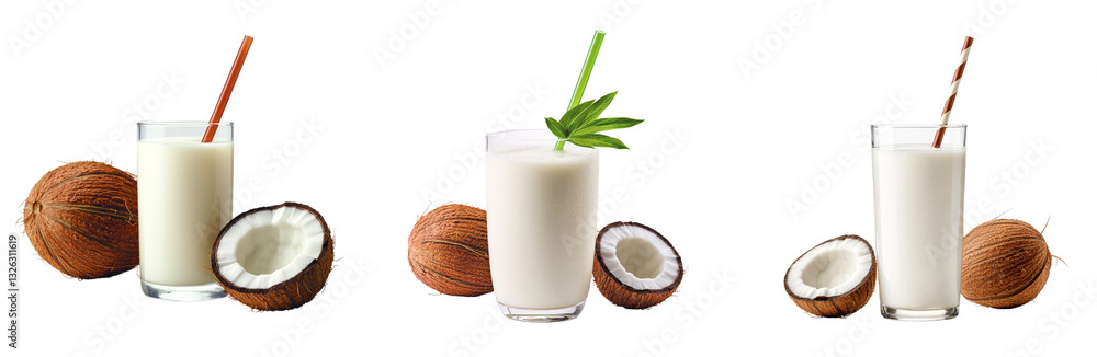 Creamy coconut drinks in glasses with fresh coconuts and straws Creamy coconut drinks in glasses with fresh coconuts and straws