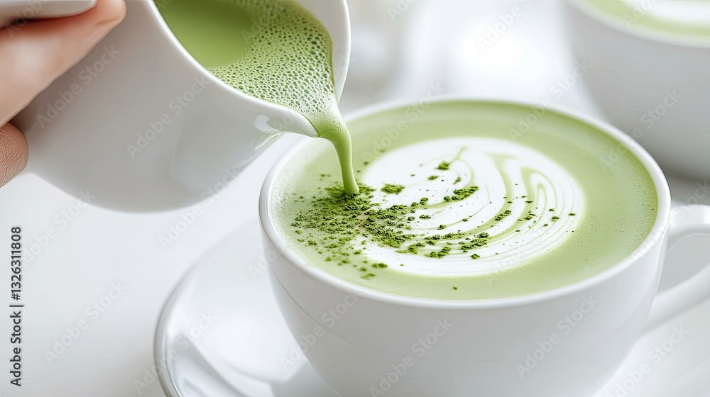 Creamy green tea is gently poured into a white cup, creating swirling patterns of matcha and frothy milk in a bright, minimal cafe setting Creamy green tea is gently poured into a white cup, creating swirling patterns of matcha and frothy milk in a bright, minimal cafe setting