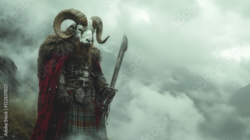A ram-headed Scottish Highland warrior in a traditional kilt, wielding a massive claymore sword against a misty mountain background