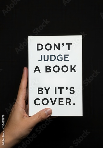 Hand gripping inspirational book, conveying message challenging superficial judgments, symbolizing deeper understanding beyond external appearances and embracing personal perspectives