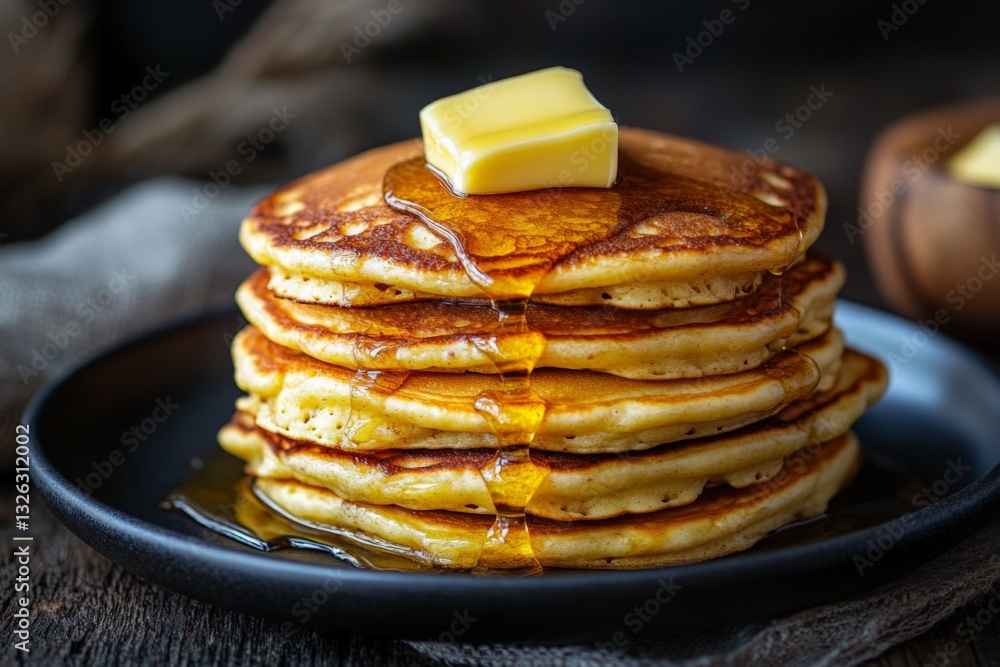 Fluffy pancakes topped with melting butter and syrup served on a dark wooden table Fluffy pancakes topped with melting butter and syrup served on a dark wooden table