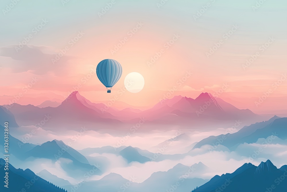 Sunrise hot air balloon over misty mountains Sunrise hot air balloon over misty mountains