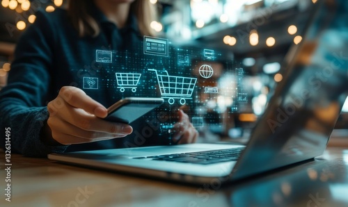 a person holding a smartphone with online shopping concept with shopping carts and icons.