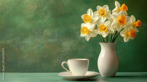 Wallpaper Mural A white vase with yellow flowers sits on a table next to a white coffee cup Torontodigital.ca
