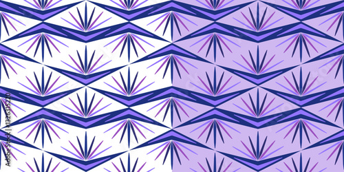 Unusual purple geometric seamless pattern. Vector decorative broken zigzag ornament of multirayed shapes. Offbeat creative abstract linear repeating design. Stylized ethnic plant background