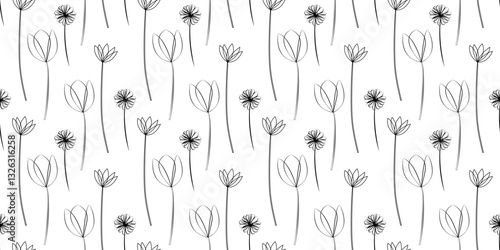 Seamless Floral Pattern, Black and White Line Art, Botanical Design on White Background, Vector Texture for Textile and Print, Simple Flower Outlines