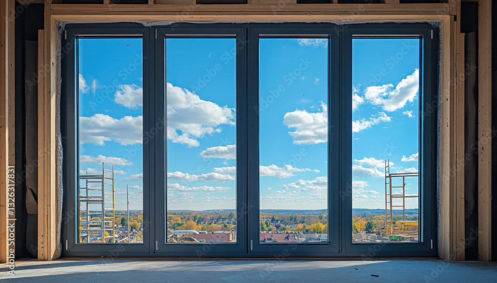 Fototapeta premium Bright blue sky filled with white clouds frames the expansive view outside a large window. A construction site can be seen below, revealing ongoing development in a lively area