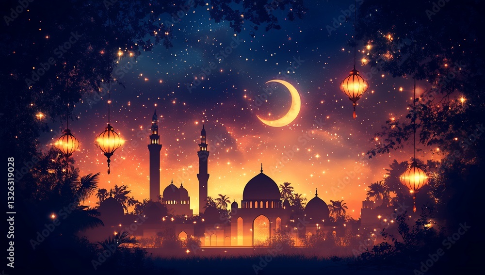 Fototapeta premium Mosque silhouette with moon and lanterns under night sky for a holiday card