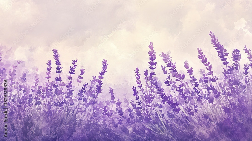 Obraz premium Lavender fields in watercolor display vibrant hues of purple under a soft spring sky