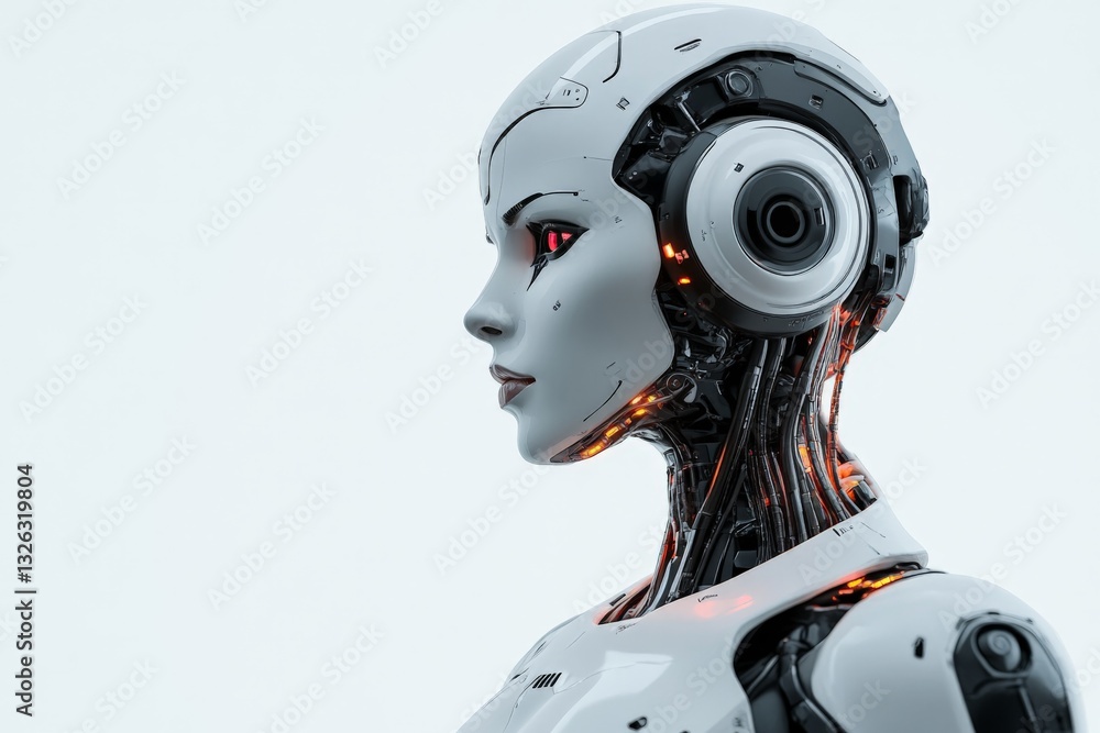 Advanced humanoid robot with intricate design and glowing features showcased against a minimalistic background Advanced humanoid robot with intricate design and glowing features showcased against a minimalistic background