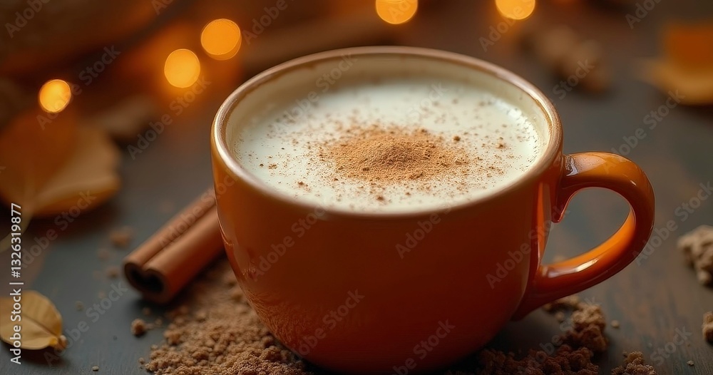 Orange Ceramic Mug With Frothy Hot Chocolate And Cinnamon On Textured Surface Orange Ceramic Mug With Frothy Hot Chocolate And Cinnamon On Textured Surface