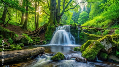 Water cascading down surrounded by vibrant green foliage next to a large fallen tree in a serene forest setting, lush greenery, tree stump