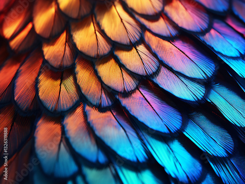 Butterfly wing close-up with overlapping scales and tiny iridescence displaying bright beauty