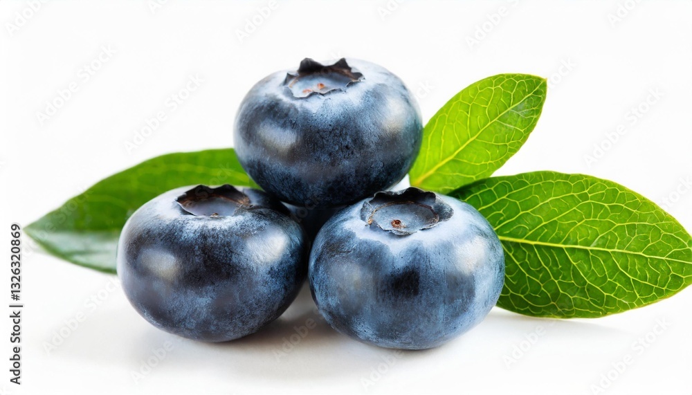 Closeup of Fresh Blueberries with Leaves Isolated on a White Background Closeup of Fresh Blueberries with Leaves Isolated on a White Background