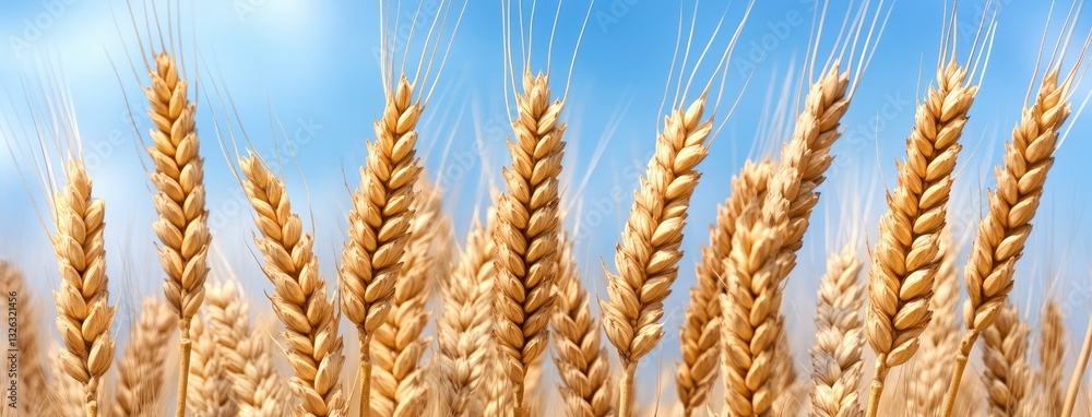 Golden wheat stalks sway gently under a bright blue sky in a rural field during the summer harvest season Golden wheat stalks sway gently under a bright blue sky in a rural field during the summer harvest season