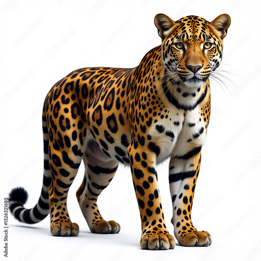 Obraz premium Leopard standing, muscular body, sharp gaze, detailed fur patterns, isolated background