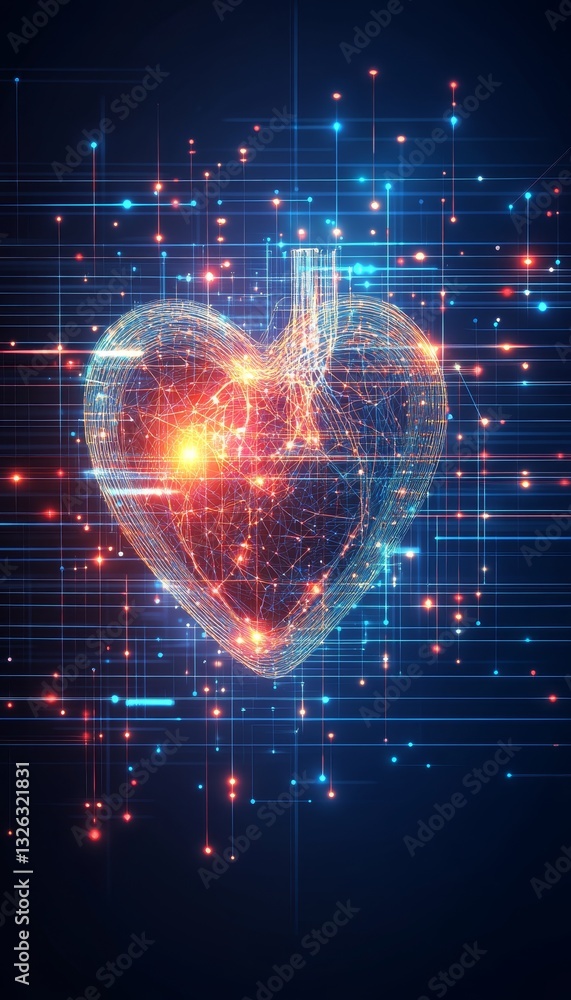 Obraz premium Abstract Futuristic Heart with Glowing Red Dots on a Digital Background with Blue and Red Lines